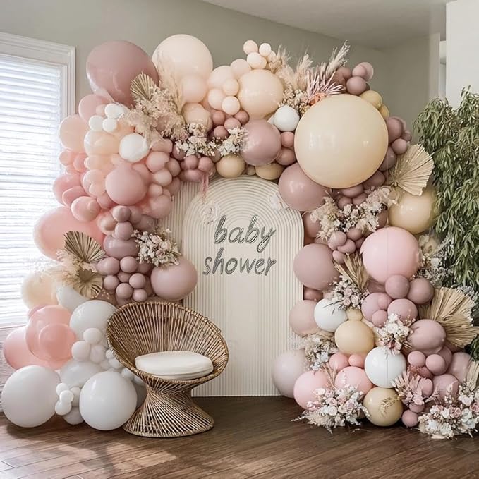 Dusty Pink White Balloon Garland Double Stuffed Baby Pink Nude Beige Balloons Cream Balloon Arch Kit for Boho Baby Shower Birthday Christening Bridal Wedding Mother's Day Party Decorations