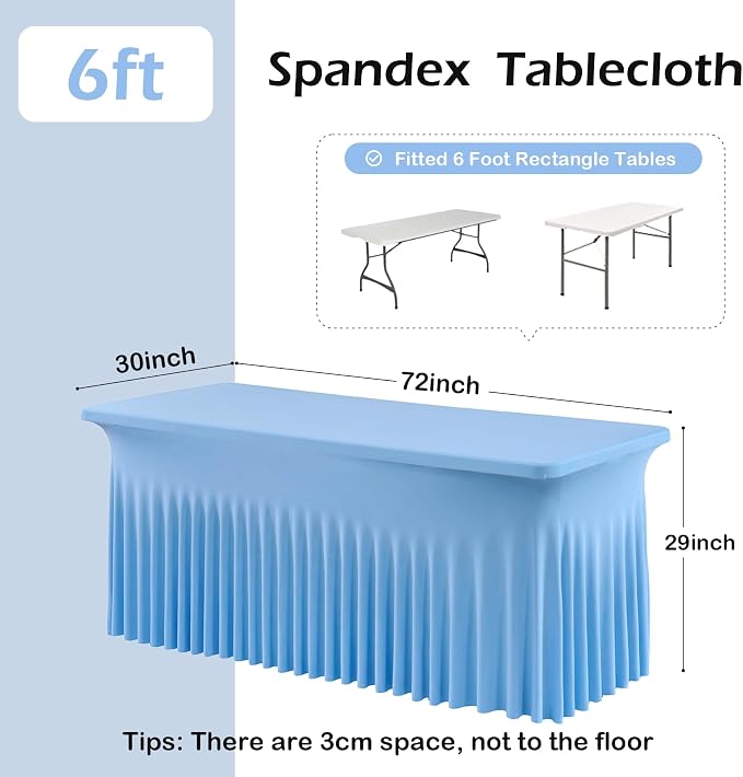 6 pk Baby Blue Spandex Tablecloth 6ft with Ruffle Skirt, Wrinkle Free High Stretch Fitted Tablecloths for 6 Foot Rectangle Tables, Blue Eastic Spandex Table Covers 6ft for Parties Banquet Weddings