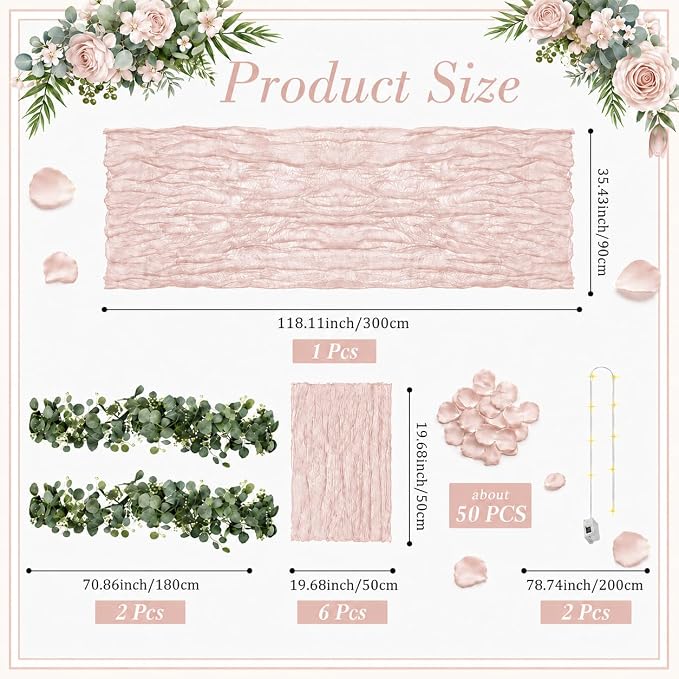 Cinrobiye 11PCS Boho Cheesecloth Table Runner Set 120'' Gauze Table Runner with Wrinkled Napkins Eucalyptus Garland and String Lights for Wedding Baby Shower Tea Party Table Decorations (Blush Pink)