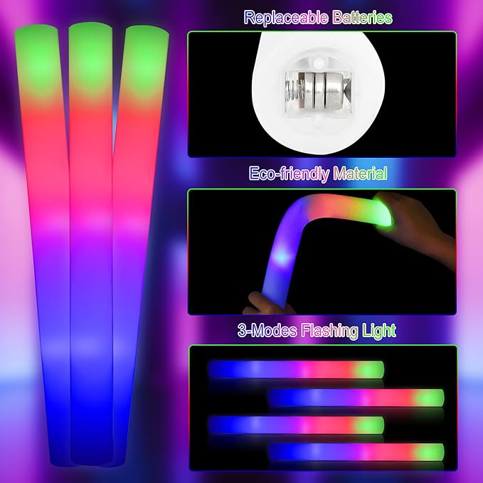 Taotuo 68PCS Foam Glow Stick Bulk,Light Sticks for Parties Bulk with 3 Modes Colorful Flashing,Glow in The Dark Party Supplies for Wedding Reception,Dance Floor,Holiday Party,Concert