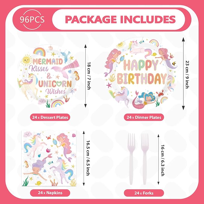 96 Pcs Mermaid Unicorn Birthday Party Decorations Cartoon Mermaid Paper Plates and Napkins Magical Pastel Rainbow Unicorn Tableware Sets for Girls Happy Birthday Baby Shower Party Supplies Serves 24