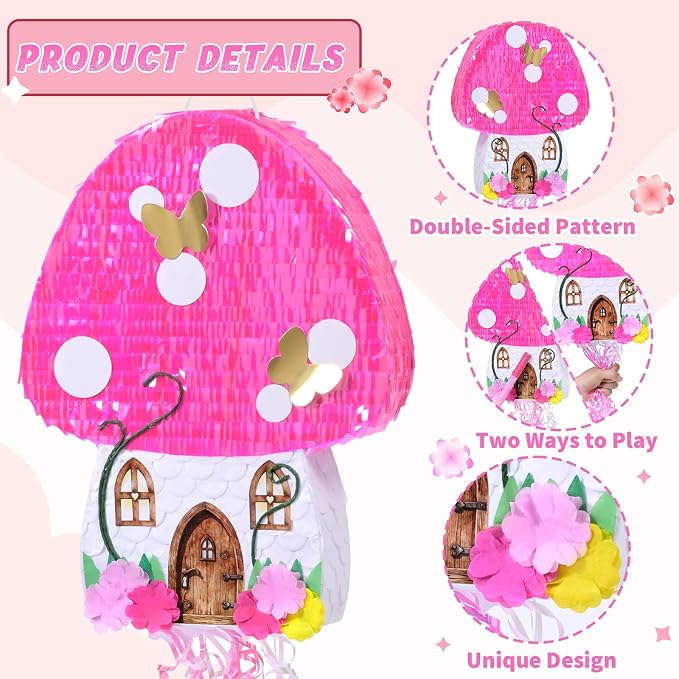 WERNNSAI Mushroom Piñata - Fairy Flower Butterfly Piñata with Stick and Blindfold, for Mushroom Birthday Party Decor, Summer Forest Games, Carnivals Supplies (16.5"x12.4"x3")