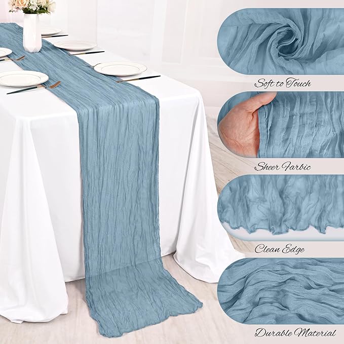 12 Pack Dusty Blue Cheesecloth Table Runner 10FT Dusty Blue Boho Gauze Cheese Cloth Table Runner Rustic Sheer Fabric Table Runners for Wedding Bridal Shower Baby Shower Party(21.5×120 Inch)