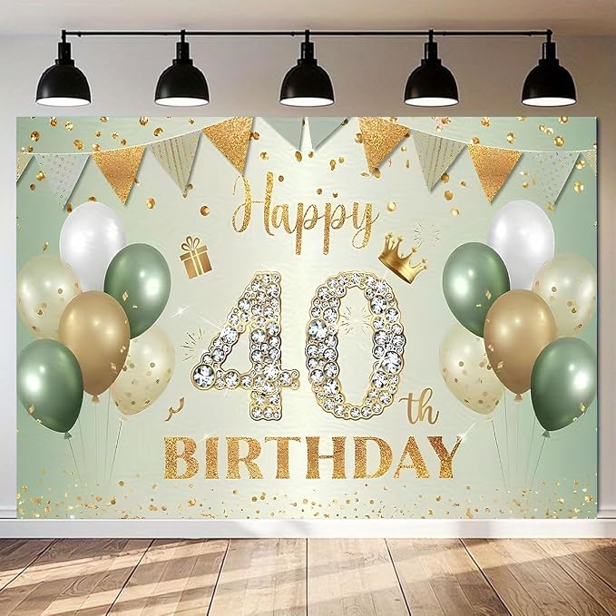 Sage Green Happy 40th Birthday Backdrop Green Gold Balloons Gold Glitter Dots Background Anniversary Decorations 40th Birthday Sign for Men Women Cake Table Supplles (B, 8X6FT)