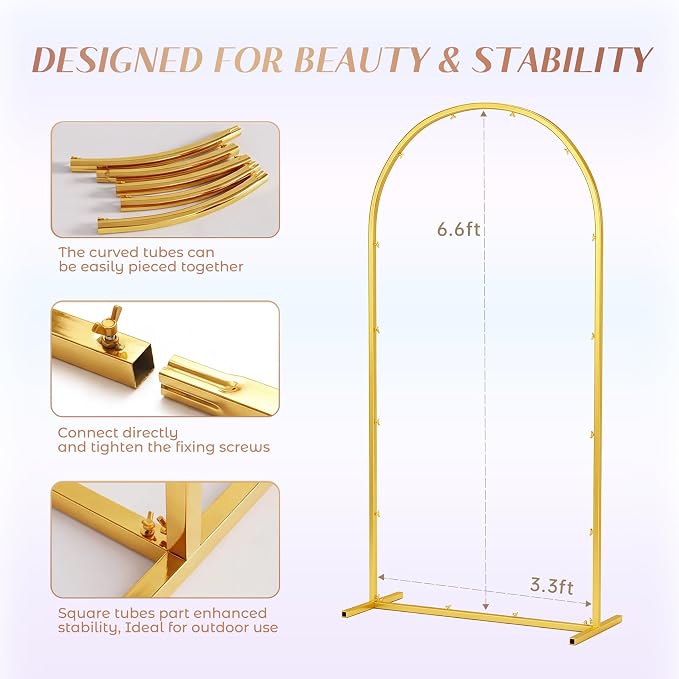 Toolterritary 6.6 FT Wedding Arch Backdrop Stand, Stable Heavy Duty Metal Wedding Arch Frame for Ceremony, Reinforced Balloon Arch Stand for Birthday Party & Baby Shower, Gold