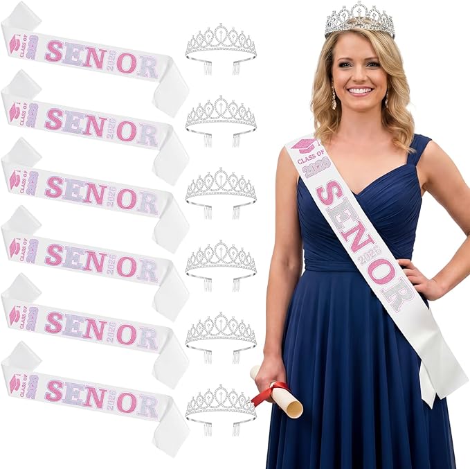 Janinka 6 Pcs Senior Sash 2026 Graduation Satin Sash with Glitter Letter Silver Crown Tiaras Cheer 2026 Gifts for Graduation Party Cheerleader Prom Photos Celebration(Pink)