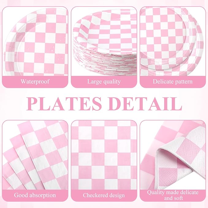 Pickmesh 400 Pcs Pink and White Checkered Party Decorations Set Light Pink Gingham Disposable Paper Plates Napkins Cups Cutlery Plaid Party Decorations for Baby Shower Wedding Birthday Serve 50