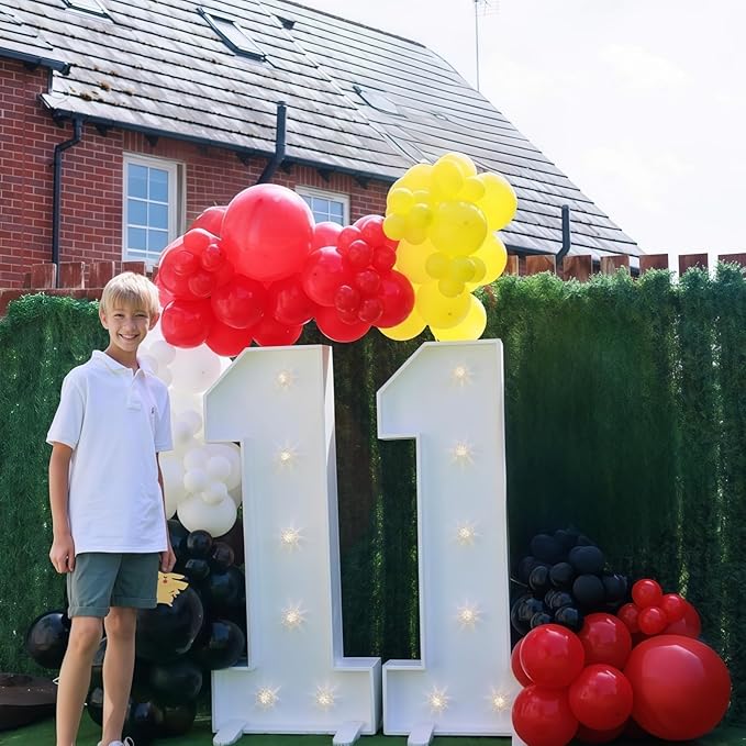 Red Black Yellow Balloon Garland Arch Kit, 117pcs Cartoon Birthday Party Decorations with White Long Balloon Lightning Strike Gold Explosion Star Foil Balloons for Cartoon Ball Baby Shower Party Decor