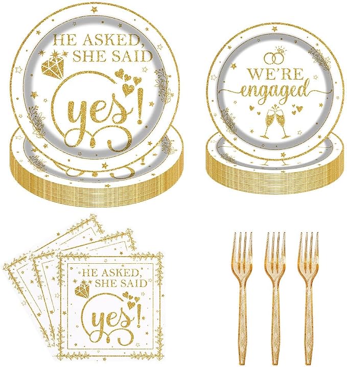 Happy Engagement Party Tableware Set 96 Pcs Engagement Disposable Plates Napkins Forks She Said Yes Wedding Bridal Shower Decorations Serve 24 Guests