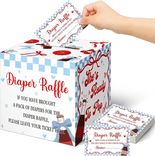 Teling 51 Pieces Diaper Raffle Tickets with Card Box Baby Shower Decorations Baby Shower Holder Box for Girl Boy Diaper Raffle Party(She's Ready to Pop, blue)