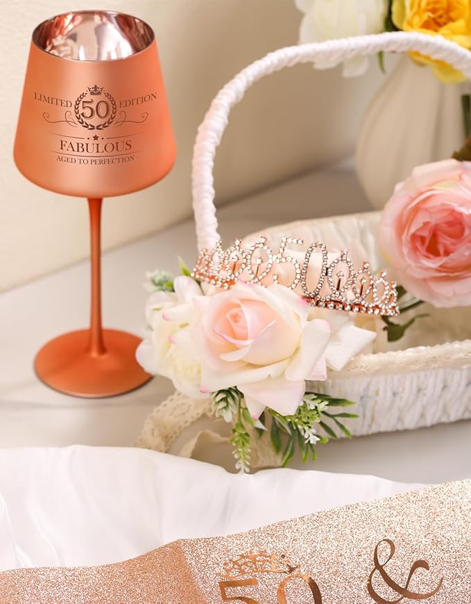 50TH Birthday Gifts for Women,Vintage Engraved 50th Wine Glass,50 Year Old Birthday Decorations For Her,50&Fabulous Sash and Tiara For Women,Friends,Sister-Turning 50th Party Favor Supplies