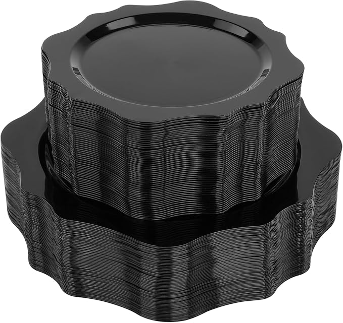 realluck 100 PCS Black Disposable Plates for 50 Guests, Scalloped Plastic Plates Include 50 Dinner Plates and 50 Dessert Plates for Party, Wedding, Graduation and Father's Day