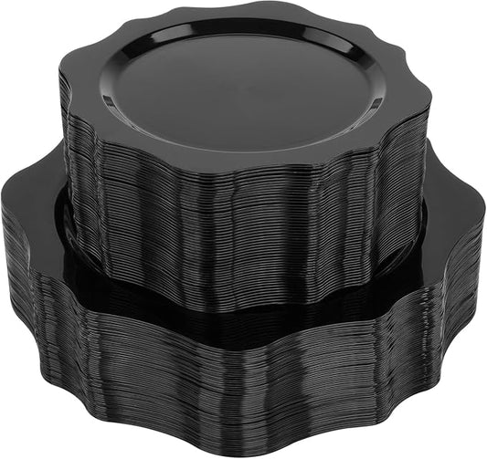 realluck 100 PCS Black Disposable Plates for 50 Guests, Scalloped Plastic Plates Include 50 Dinner Plates and 50 Dessert Plates for Party, Wedding, Graduation and Father's Day