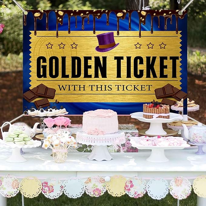 6x4FT Golden Ticket Photography Backdrop with Factory Backdrops Candy Photo Background Chocolate Factory Backdrop for Boy Girl Birthday Party Newborn Decoration Photo Booth TAYHBDJ105