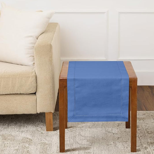 Solino Home Dusty Blue Table Runner 36 Inches - Cotton Linen Hemstitch Coffee Table Runner 14 x 36 Inch Ideal for Dresser Tables, Spring, Summer, Mothers Day