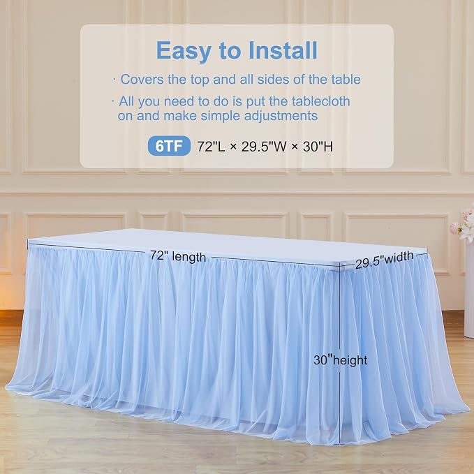 Baby Blue Table Cloths for 6 Foot Rectangle Tables, Tulle Table Skirt Baby Shower Table Covers for 6 Foot Tables Desk Skirt Party Wedding Banquet Tablecloth Elastic Stretch Fitted Ruffle Table Cloth