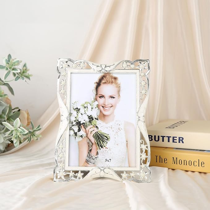 4x6 Vintage Metal Picture Frame White Pearl Photo Frame Wedding Decoration, Clear Glass Front, Unique Tabletop or Wall Display, Mothers Day Gifts for Mom Women, Horizontally & Vertically