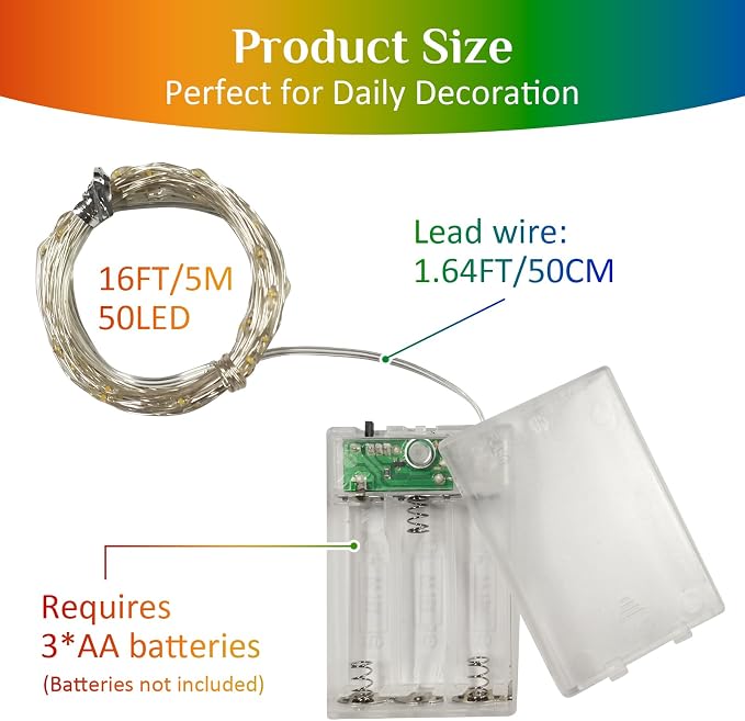 QITONG Multicolor Fairy Lights Battery Operated, 4 Pack Each 16ft 50 LED Outdoor String Lights, Silver Wire Mini Twinkle Light Indoor