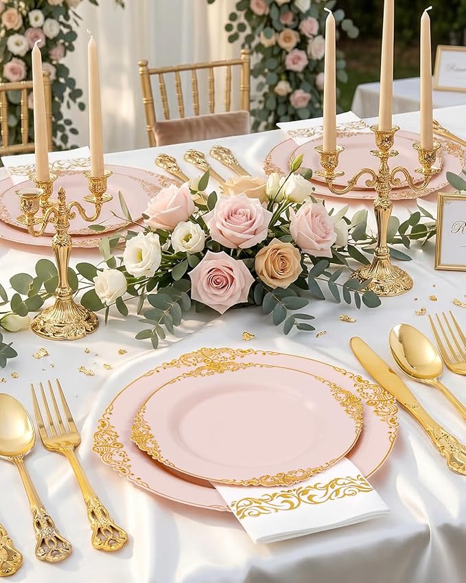 Ciaell 300PCS Pink and Gold Plastic Plates - Pink Disposable Dinnerware Sets for 50 Guests - 100 Plates, 50 Knives, 50 Forks, 50 Spoons, and 50 Napkins for Wedding, Party & Mother's Day