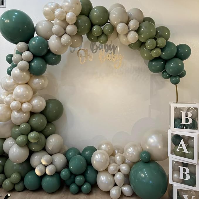 Double Stuffed Sage Green Balloons Arch, Olive Dusty Green Brown Beige Neutral Balloon Garland Kit, White Sand Apricot Tan Latex Balloon for Baby Shower Birthday Jungle Safari Party Decoration