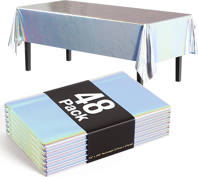 Exquisite Iridescent Tablecloths for Rectangle Tables 48 Pack Plastic Table Cloth Disposable 54" X 108" Iridescent Table Cloths Rectangle Tablecloth Plastic Tablecloths Rectangular for Party Supplies