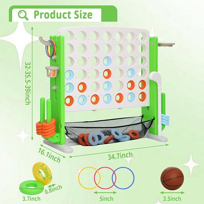 Giant 4-in-A Row Connect Game Set, Height Adjust Jumbo Yard Game for Kids & Adults w/Mesh Catching Bag, Basketball Hoop, Ring Toss & Mini Golf, Family Party 4-to-Score Indoor/Outdoor Games