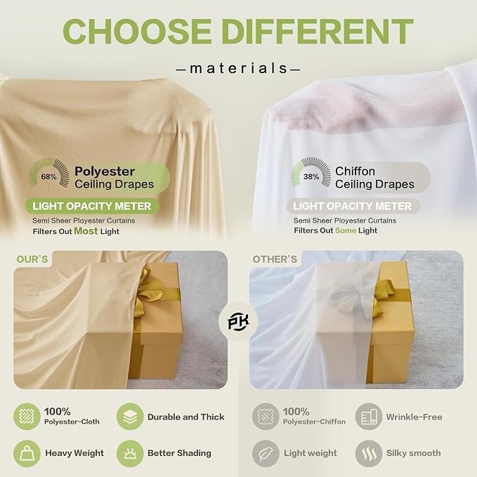 20ftx40ft Champagne Khaki Ceiling Curtain for Wedding Parties – 4 Panels Wrinkle-Free 40 FT Long Tent Draping Curtains for Wedding, Birthday & Theme Parties, 40ft Height with Rod Pocket