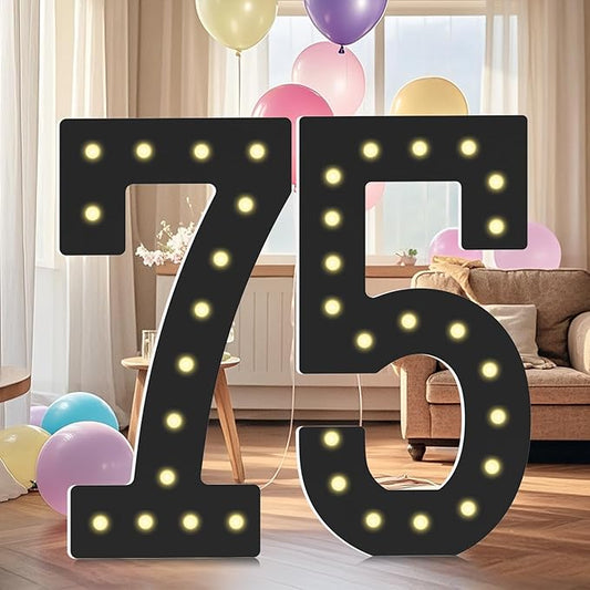 4FT Marquee Light Up Numbers, Black Giant Marquee Number Big Mosaic Number for 75th Birthday Party Decorations Backdrop Anniversary Decor, Pre-Cut Frame