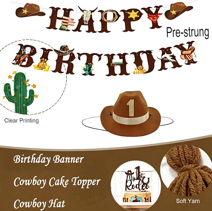 Western Cowboy 1st Birthday Decorations Boy-My First Rodeo Felt Birthday Banner Western Rodeo First Birthday High Chair Banner With Rodeo Cake Topper & Cowboy Hat，Cowboy First Birthday Decorations