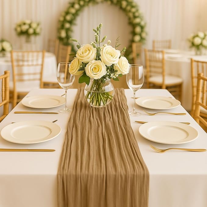 3 Pack Brown 10FT Cheesecloth Table Runner –120 Inch Rustic Gauze Table Runners for Fall Wedding, Thanksgiving, Farmhouse Dinner, Boho Party Décor
