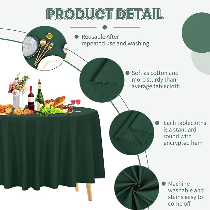 Pesonlook 12 Pack Round Tablecloth Hunter Green Polyester 90 Inch Washable Fabric Round Table Cover Hunter Green Tablecloth for Wedding/Party/Banquet/Dining/Buffet Table