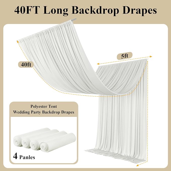 20x40ft Ivory Ceiling Drapes, 4 Panels 40ft Height Wrinkle-Free Tent Draping Curtains for Wedding Party Tent Canopy Arch Backdrop Decorations