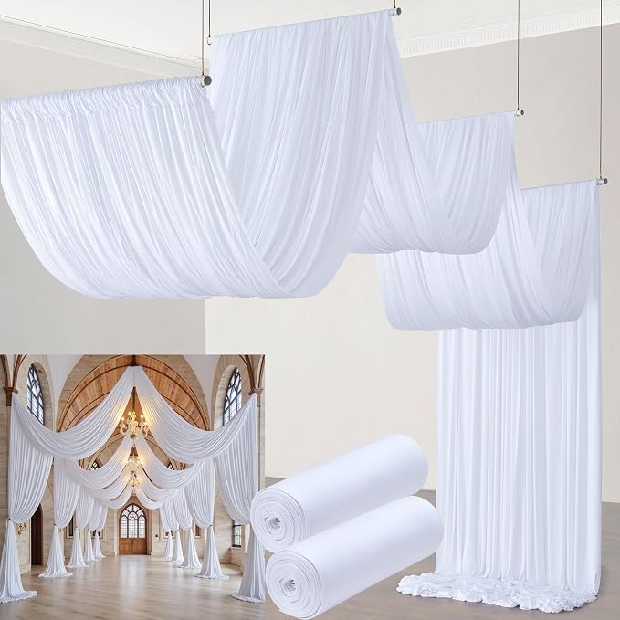 10x40ft White Ceiling Drapes for Wedding, Wrinkle Free Tent Curtains Thick Polyester 40 ft Extra Long Tent Ceiling Draping Arch Drapery for Birthday Party Event Canopy Decoration