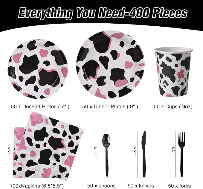 400 Pcs Disposable Pink Cow Print Tableware Set for 50 Guests | Heavy-Duty 7" & 9" Paper Plates, Cups, 13" Napkins & Plastic Cutlery for Cow Birthday, Farm and Western Party Supplies