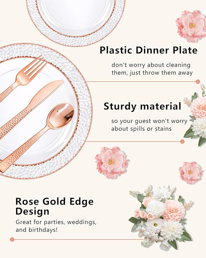Ciaell 350PCS Rose Gold Plastic Plates - Clear Rose Gold Disposable Plates with Plastic Silverware include 100Plates, 150Silverware, 50Cups, 50Napkins for Wedding & Party & Mother's Day