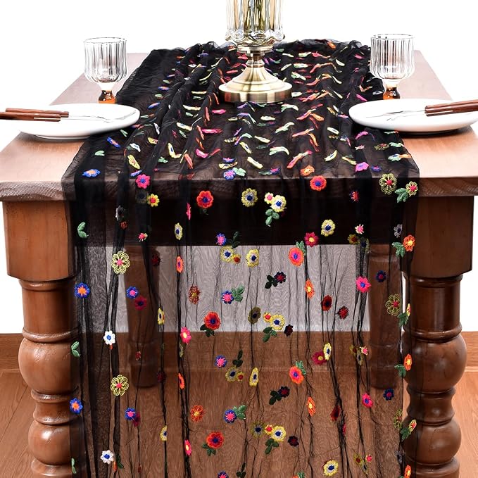 Joanlody Black Summer Flower Table Runner 10ft Embroidery Daisy Floral Seasonal Tulle Table Runner for Home Garden Tea Party Holiday Birthday Decoration