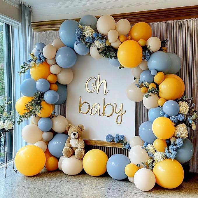 Blue Yellow Balloon Garland Double Stuffed Sand White Balloons Dusty Blue Yellow Cream Balloon Arch Kit for Baby Shower Birthday Gender Reveal Bee Honey Party Decorations