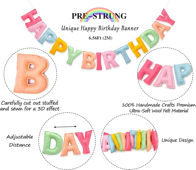 Pre-Strung 3D Pastel Felt Happy Birthday Banner, Handmade Macaron Color Birthday Garland for Party Decorations, Reusable Happy Birthday Sign for Kids Party Supplies Girls Women Rainbow Party Décor