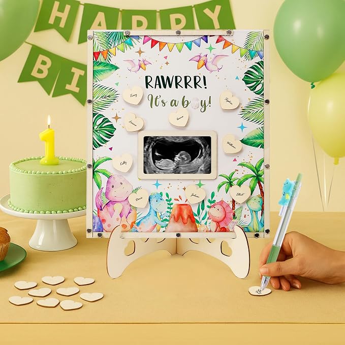 Dinosaur Baby Shower Decorations,Hatching Soon Baby Shower Guest Book Alternatives with Dinosaur Pen,Photo Frame and 60 Heart Wood Slices for 60 Guests,Its a Boy Gender Reveal Decorations