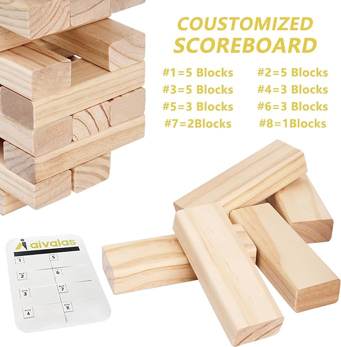 Aivalas Giant Timber Blocks Games, 57 Blocks Large Tower Outdoor Games - Includes Carry Bag and Scoreboard, Wood Stacking Yard Games Grows from 2FT to Over 4.2FT for Kids Adults Family