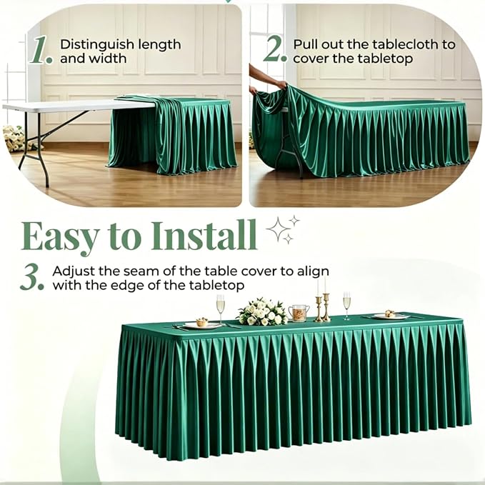 6 Packs Green Satin Tablecloths Rectangle 6FT, Glitter Spandex Fitted Stretch Table Covers Wrinkle-Free Floor Length Shimmer Table Skirt for Weddings Parties Baby Shower Banquets Vendor Events