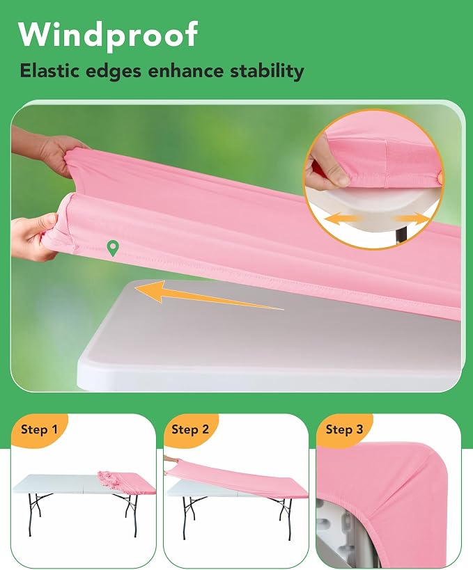 KeyWave Fitted Tablecloth Rectangle Table Cloths - 6 Pack 8 Foot Elastic Stretch Folding Table Top Cover Water-Resistant Reusable for Outdoor Picnic Camping Party Event, Dark Pink, 96" L x 30" W
