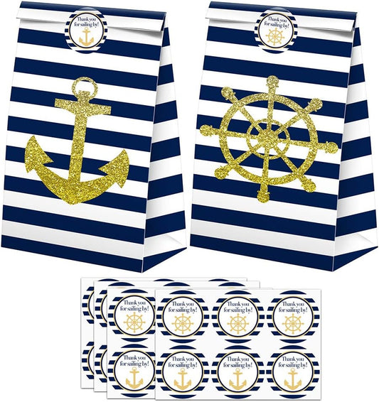 SamPartyShop Nautical Goodie Bags - 24 Pcs Nautical Party Favors Candy Bags with Stickers, Nautical Goody Gift Treat Bags Nautical Themed Birthday Party Supplies