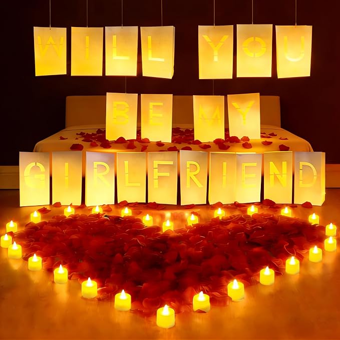 Will You Be My Girlfriend Light Up Letters Proposal Decorations with Luminary Paper Bags,Led Tea Candles,Red Rose Petals for Romantic Night,Valentines Day,Engagement Party,Proposals