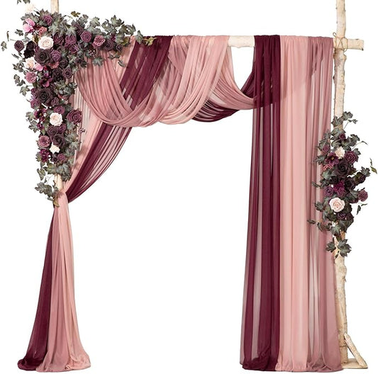 Ling's moment Wedding Arch Flowers with Sheer Drapes Kit - Artificial Deep Plum Floral Arrangements for Ceremony Backdrop, Arbor Decor, 5-Piece Set (2 Flower Stems + 3 Hanging Drapes)