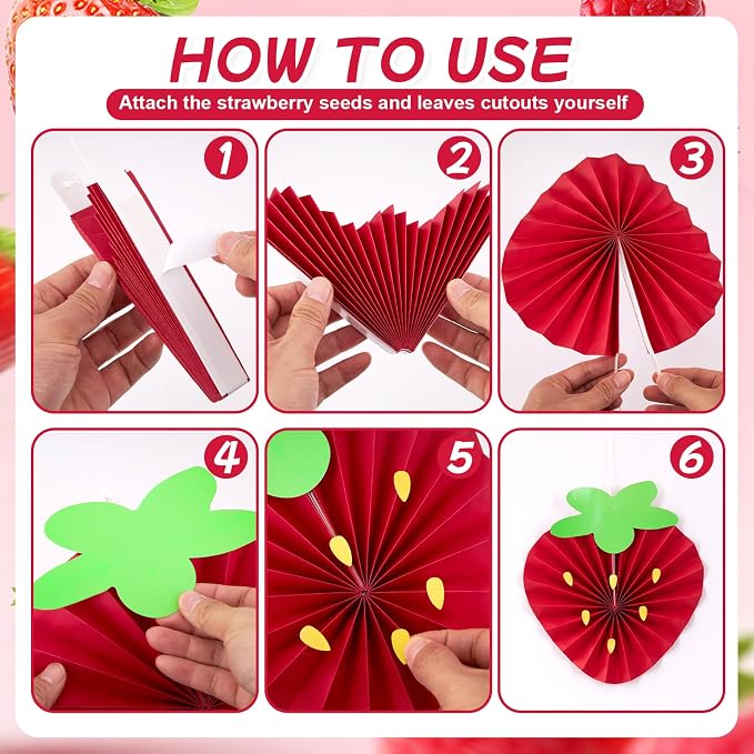 OBBOLO Strawberry Party Decorations, Strawberry and White Flower Paper Fans, with Strawberry Banner, for Berry First Birthday, Sweet 1st Birthday, Baby Shower, Strawberry Themed Birthday Hanging Decor