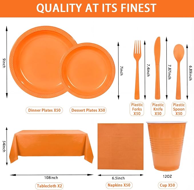352 Pcs Orange Plastic Plates Party Set, 50 Guests Disposable Dinnerware Set with Orange Tablecloths, Vibrant Orange Plastic Plates Party Set for Birthday/Halloween/Fall Party/Fiesta