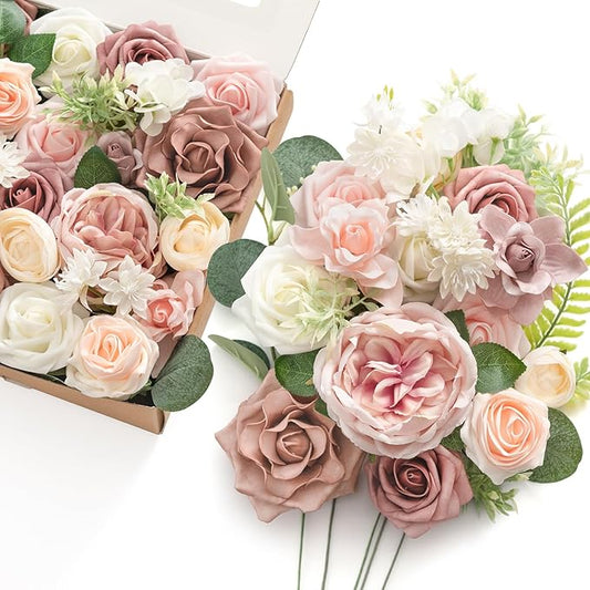 Ling's moment Fake Flowers Box, Faux Artificial Greenery Stems Foam Roses Gardenia Silk Hydrangea Ranunculus Fabic Flower for Centerpieces Bouquet Wedding Vase, Dusty Rose & Blush, Grand Combo