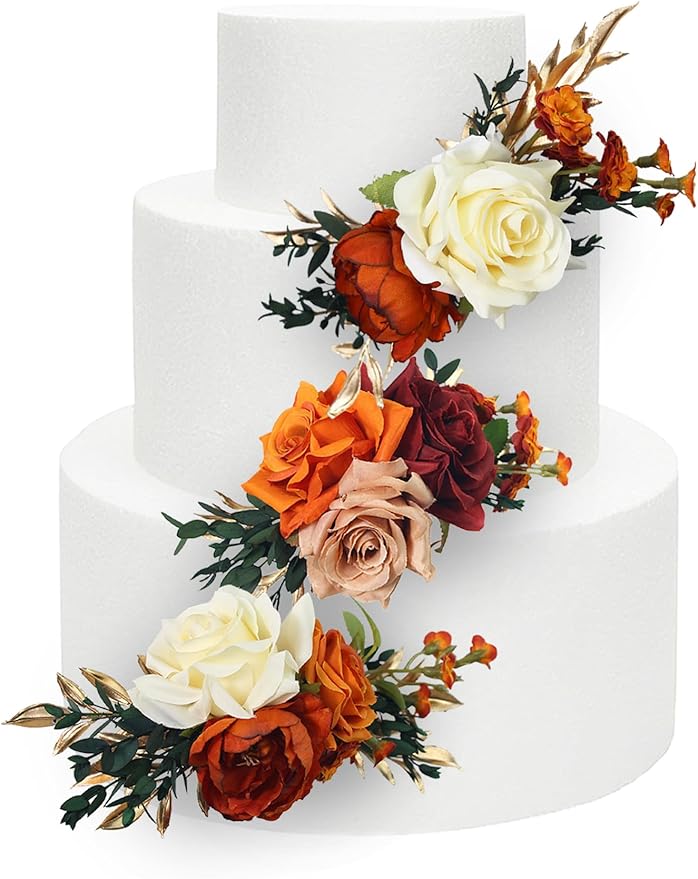 Rinlong 3Pcs Cake Flowers Cake Toppers Terracotta Artificial Flowers for Cake Decor Burnt Orange Fall Wedding Cake Decorating Flowers for Baby Shower Birthday