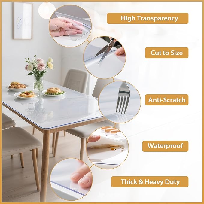 36x60in Clear PVC Table Protector 1.4mm Waterproof Cover | Clear Desk Cover, Clear Desk Mat, Table Cover Tablecloth Protector Rectangle, Table Protector for Dining Room Table